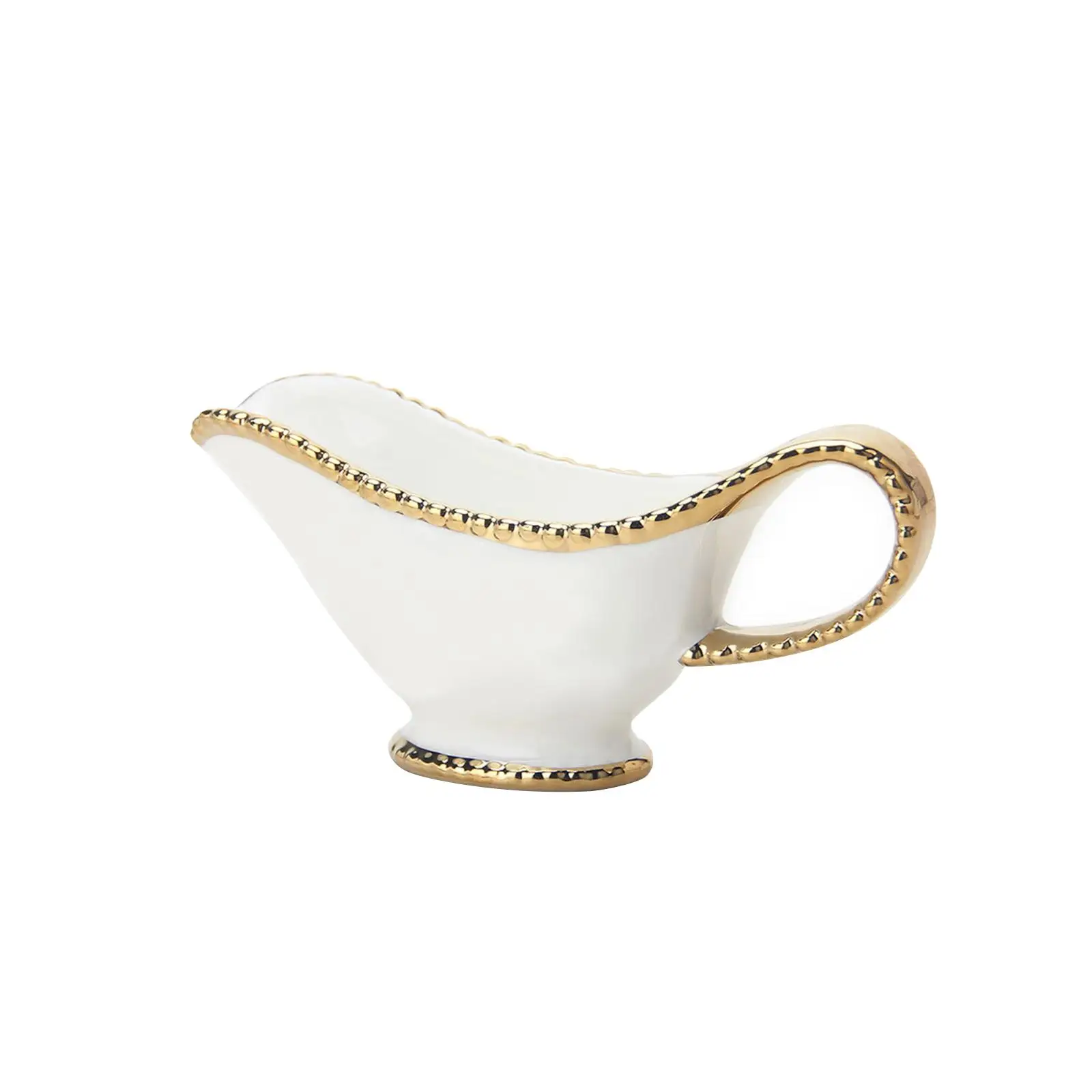 Saucière en céramique blanche au liseré doré perlé, avec son bec verseur